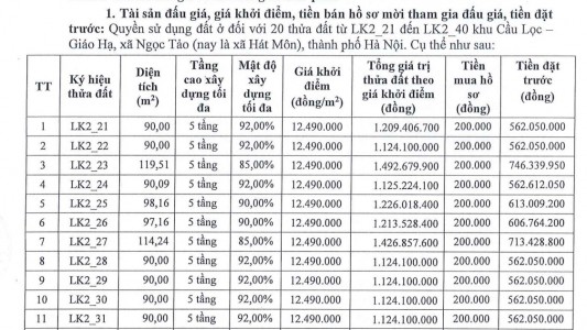 Đấu giá 20 thửa đất khu Cầu Lọc – Giáo Hạ, xã Hát Môn, Hà Nội – Giá khởi điểm từ 12,49 triệu/m²