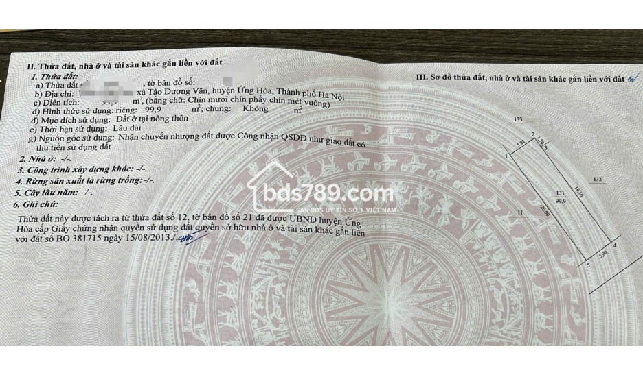 Bán lô đất diện tích 99,9m² tại thôn Văn Cao, xã Tảo Dương Văn, huyện Ứng Hòa, Hà Nội.