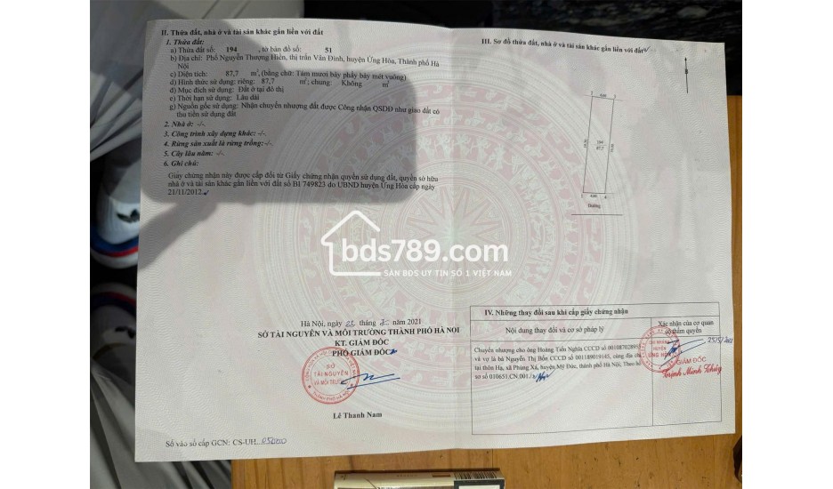 Chính chủ gửi bán lô đất giãn dân diện tích 87,7m² tại phố Nguyễn Thượng Hiền, thị trấn Vân Đình, huyện Ứng Hòa, Hà Nội.